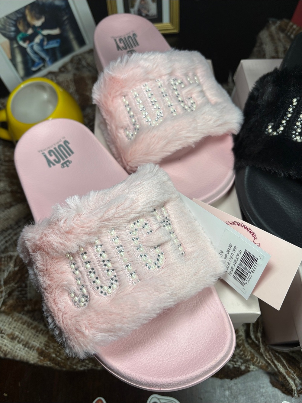 Juicy Couture Faux Fur Slide Sandals in Pink & Black - Picture 2 of 5
